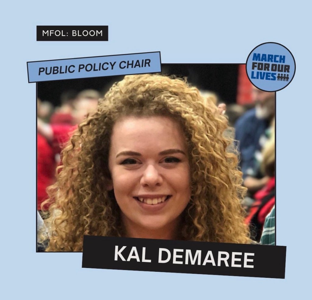 Headshot image of femme person with blond curly hair, within blue and black graphic, branded for March For Our Lives organization. The name "Kal Demaree" is  listed below the headshot image. 