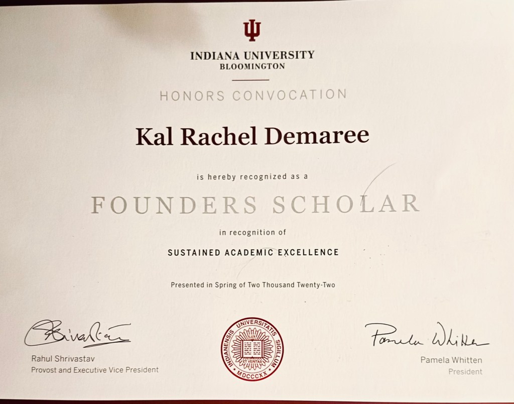 Certificate for Kal Demaree, declaring them a Founders Scholar. 